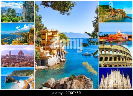 Collage von Reisezielen aus Fotos von Italien. Die Landschaften von Mailand, Venedig, Capri Insel, Manarola, Rom, Florenz, Sorrento, Portofino Stockfoto