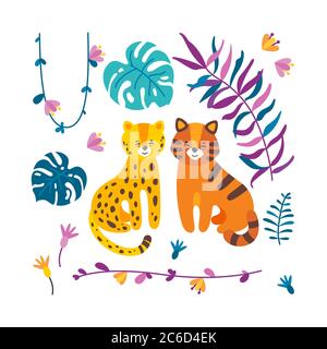 Leopard und Tiger sitzen zusammen. Exotisches Blumenarrangement. Isolierte Vektordarstellung in flacher Form Stock Vektor
