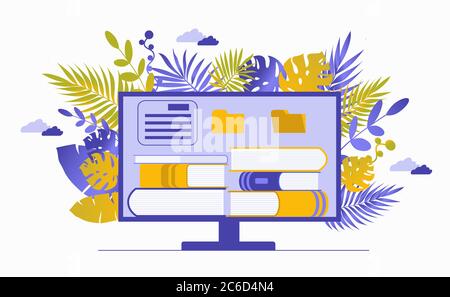 Computermonitor mit einem Stapel Bücher. Literatur lesen, Wissen und Lernen. Speichern Sie E-Books in der Cloud. Flache Abbildung isoliert auf Stock Vektor
