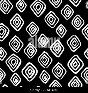 Nahtloses Muster. Weiße Rauten auf schwarzem Hintergrund. Einfarbiges handgezeichnetes Muster. Einfache geometrische unebene Formen. Stock Vektor