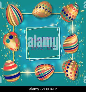 Frohe Ostern Hintergrund mit realistisch dekorierten 3D Eier und Konfetti auf einem grünen Hintergrund. Stock Vektor