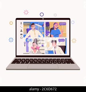 Arbeiten Sie zu Hause, freiberuflich, Remote-Arbeit als Team. Online-Chat mit Kollegen und Mitarbeitern. Service für Kommunikation. Flache Darstellung isoliert auf whi Stock Vektor