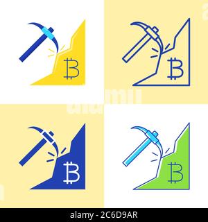 Bitcoin Mining Icon Set in flacher und linienform. Kryptowährung Produktionskonzept. Vektorgrafik. Stock Vektor