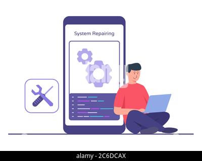 Techniker Mann sitzend Boden vor großen Smartphone arbeiten auf Laptop Reparatur mobile App mit flachen Cartoon-Stil. Stock Vektor