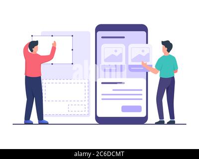 UI Designer erstellen Wireframe mit Tool in Zusammenarbeit mit Entwickler Design mobile Apps auf großen Smartphone mit flachen Cartoon-Stil. Stock Vektor