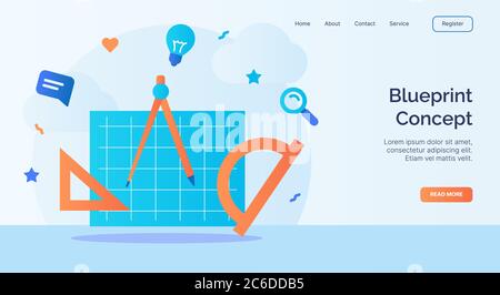 Blaupause Konzept Zeichnung Tool Symbol Kampagne für Web-Website Startseite Landing Template mit Cartoon-Stil Stock Vektor