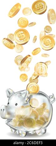 Piggy Bank 3d realistisches Glas in Vektor auf weißem Hintergrund. Münzen, Sparungen, Bank, Finanzgeld Bargeld Gold Dollar, das Jahr des Schweins, Reichtum Stock Vektor