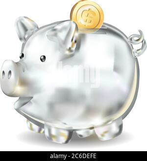 Piggy Bank 3d realistisches Glas in Vektor auf weißem Hintergrund. Münzen, Sparungen, Bank, Finanzgeld Bargeld Gold Dollar, das Jahr des Schweins, Reichtum Stock Vektor