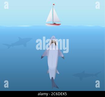 Hungry Shark mit großem Kiefer Attack Yacht Schafe aus dem Wasser Stock Vektor