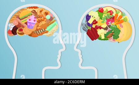 Gesundheit und Ungesundheit Essen Essen im Gehirn. Human Head Silhouette Diät Wahl gesunde Lebensweise Konzept Stock Vektor