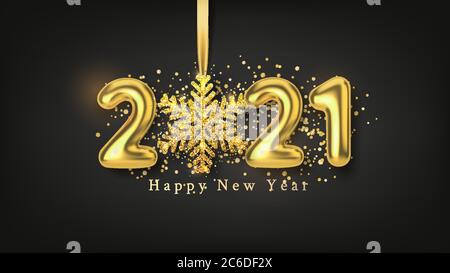 Happy New Year Hintergrund mit realistischer Goldbeschriftung 2021 und goldener Schneeflocke auf schwarzem horizontalen Hintergrund. Vektor Stock Vektor