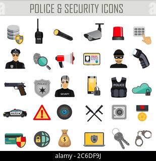 Vektor Polizei Sicherheit und Verbrechen Symbole gesetzt. Infografiken Elemente. Sicherheit der Webbank Stock Vektor