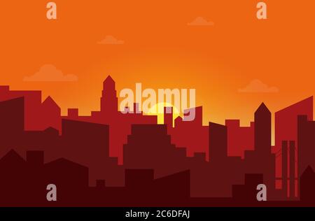 Sonnenuntergang in der Stadt. Stadtbild Silhouette Sonnenaufgang Vektor Illustration Stock Vektor