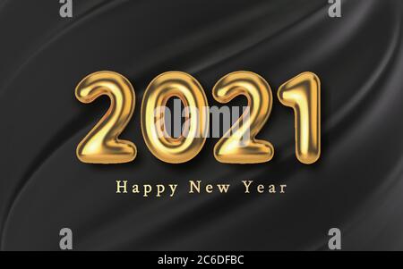 3D realistische goldene Inschrift Ballon 2021 auf schwarzem Seidenhintergrund. Golden Metallic Text Neujahr für Banner-Design. Vorlage aus Texturgewebe Stock Vektor