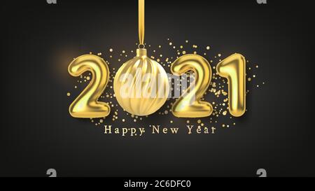 Happy New Year Hintergrund mit realistischer Goldbeschriftung 2021 und Weihnachtsbaum Spielzeug aus Gold auf einem schwarzen horizontalen Hintergrund. Vektor Stock Vektor
