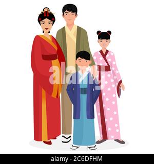 Japanische Familie. Japanischer Mann und Frau mit Kindern in traditioneller nationaler Kleidung Stock Vektor