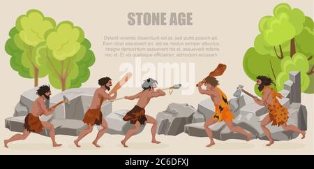 Steinzeit Krieg primitive Männer Stämme kämpfen. Barbarischer Höhlenmensch Krieger, alter Mann mit Waffen Stock Vektor