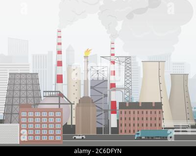 Industrielle Fabriklandschaft. Pflanze oder Fabrik die Stadt Hintergrund im Nebel. Schlechte Ökologie Umweltverschmutzung Konzept Stock Vektor