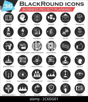 Vektor Projekt Planung Kreis weiß schwarz Icon set. Ultramodernes Icon-Design für das Web Stock Vektor