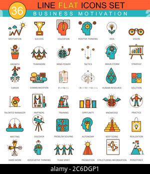 Vektor Business Motivation und Disziplin flache Linie Icon Set. Modernes elegantes Design für Web Stock Vektor