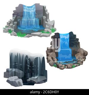 Tropischer Wasserfall Kollektion Set. Eisgekühltes Wasser. Stock Vektor