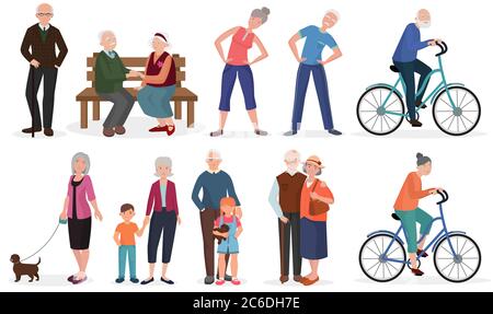 Alte Menschen in verschiedenen Aktivitäten Situationen Sammlung. Großeltern Paare eingestellt Stock Vektor