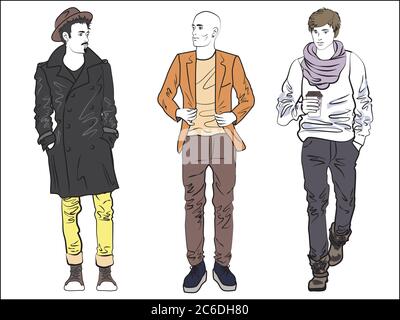 Attraktive modische Mann in Mode-Kleidung gesetzt. Farblinienzeichnung Stock Vektor