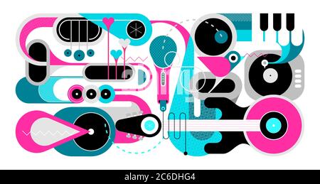 Musikinstrumente und Singvogel Vektor Illustration. Kunstdesign mit Gitarre, Saxophonen, Klaviertasten, Trompeten, Mikrofon, Grammophon und kleinem Bi Stock Vektor