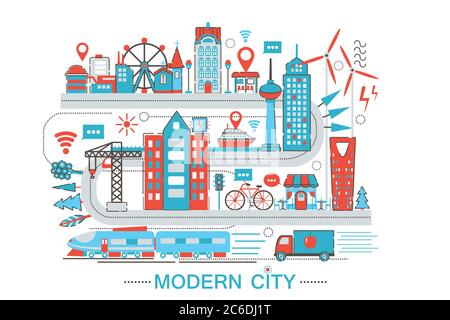 Moderne moderne Smart City Grafik flat line Design Stil Infografiken Konzept der globalen Netzwerk-Technologie mit Icons, für Website, Präsentation und Poster Stock Vektor