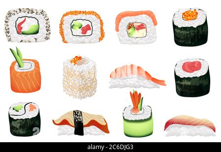 Sushi-Set. Japanische Meeresfrüchte Sushi-Rollen-Sammlung Stock Vektor