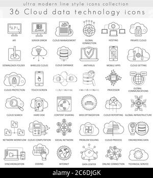 Vector Cloud Datentechnologie ultramoderne Umrisslinien-Symbole für Web und Apps Stock Vektor