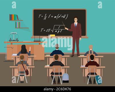 Schulunterricht. Kleine Kinder Schüler Schüler und Lehrer. Klassenzimmer mit Tafel. Pupillen Tische und Stühle Stock Vektor