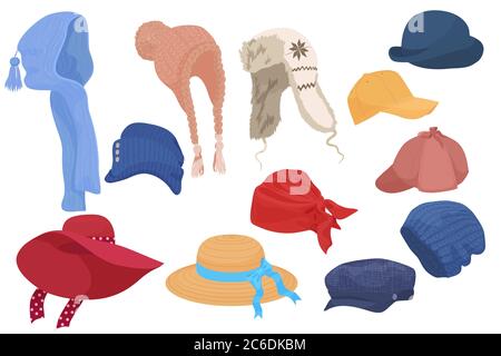 Verschiedene Art von Cartoon Hüte Set Sammlung isoliert. Stock Vektor