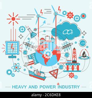 Vorlage für Infografiken für die Schwerindustrie und die Energiewirtschaft. Modernes Grafikdesign Flat Line Konzept für Promo, Printmaterialien und Webbanner Stock Vektor