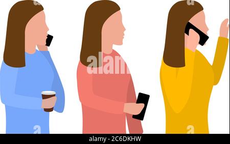 Frau mit einem Telefon in der Hand, am Telefon zu sprechen. Set von Vektor-Illustrationen zum Thema mobile Kommunikation, flaches Design Stock Vektor