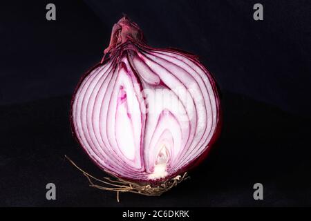 Nahaufnahme einer halben Zwiebel isoliert auf schwarzem Hintergrund. Werbefläche. Horizontale Ansicht. Farbkontrast. Stockfoto