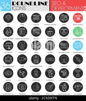 Vektor SEO und Entwicklung Kreis weiß schwarz Icon set. Moderne Linie schwarz Symbol-Design für Web Stock Vektor