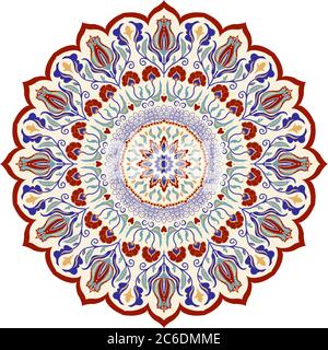 Handgezeichnetes Mandala mit Blumenmuster. Türkisches Motiv. Runder, farbenfroher Blumenschmuck im traditionellen orientalischen Muster. Isoliertes Dekorelement für Design. Stock Vektor