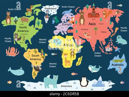 Karte der Welt mit niedlichen Tieren. Bunte Cartoon-Karte Stock Vektor