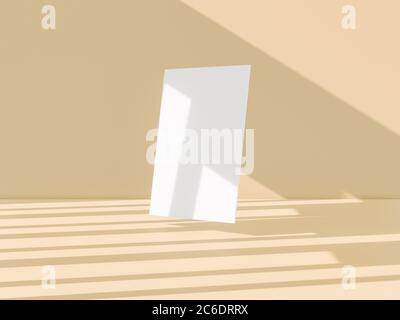 3d-Rendering von unbelegten mack Up für Poster, Visitenkarten oder Flyer. Sonnenlicht und Schatten auf beigem Hintergrund Stockfoto