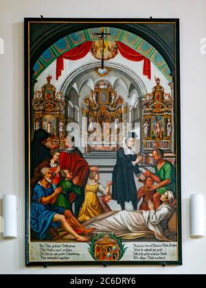 Willisau, LU / Schweiz - 3. Juli 2020: Historische Gemälde aus dem 17. Jahrhundert in der Heiligblut-Kapelle in Willisau in der Schweiz Stockfoto