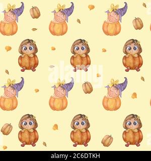 Nahtloses Muster. Halloween. Aquarell Niedliche Illustration Kinder in orange Kürbis. Kind mit geschlossenen Augen und Hexenhut. Mädchen mit großen Augen. Kürbis Stockfoto