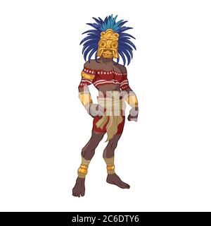 Azteken Krieger mit Kriegsfarbe und traditioneller Kopfbedeckung mit Federn Stock Vektor