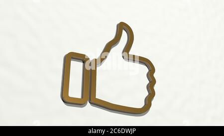 LIKE-BUTTON aus einer Perspektive an der Wand. Eine dicke Skulptur aus metallischen Materialien von 3D-Rendering. Illustration und Ikone Stockfoto