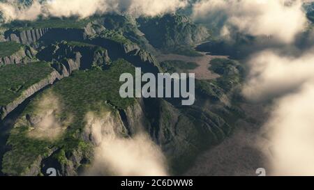 Stimmungsvolle grüne Landschaft mit glänzenden niedrigen Wolken, 3d-Rendering-Illustration Stockfoto