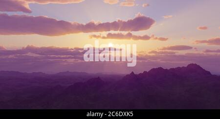 Bergpanorama über den Wolken Sonnenuntergang. Computergenerierte 3D-Illustration Stockfoto Bergpanorama über den Wolken Sonnenuntergang. Computergenerierte 3D-Illustration Stockfoto