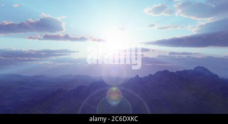 Bergpanorama über den Wolken Sonnenuntergang. Computergenerierte 3D-Illustration Stockfoto Bergpanorama über den Wolken Sonnenuntergang. Computergenerierte 3D-Illustration Stockfoto