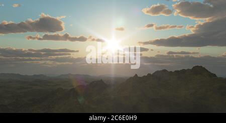 Bergpanorama über den Wolken Sonnenuntergang. Computergenerierte 3D-Illustration Stockfoto Bergpanorama über den Wolken Sonnenuntergang. Computergenerierte 3D-Illustration Stockfoto