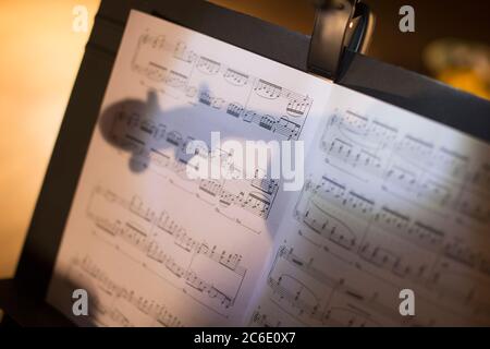 Spiegelung der Violine auf Noten Stockfoto