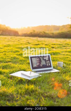 Kollegen Video-Chat auf Laptop-Bildschirm in sonnigen Gras Stockfoto